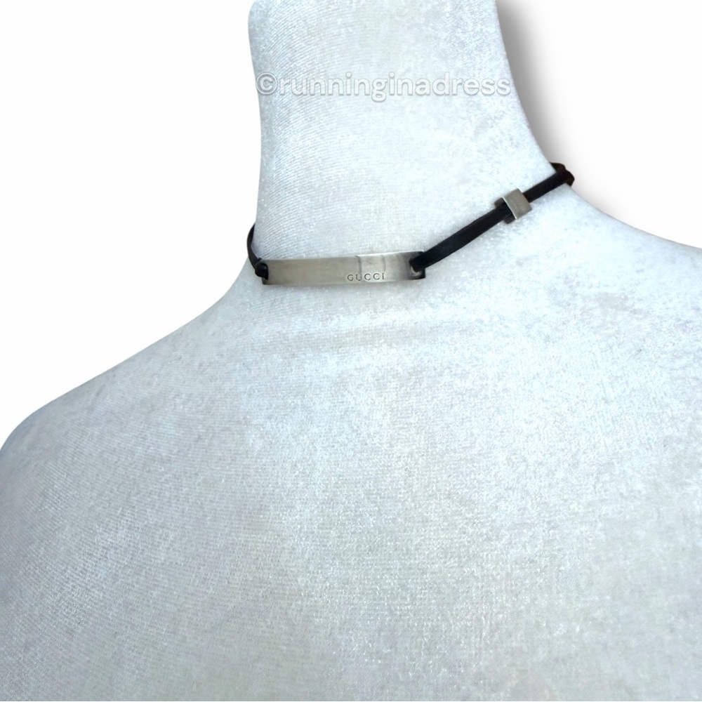 Authentic Y2K Gucci Sterling & Leather Silver Logo Bar Choker Wrap Bracelet - Picture 12 of 12